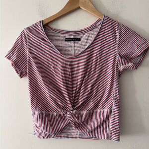 American Eagle Red White and Blue Stripe Front Knot Cropped Tee